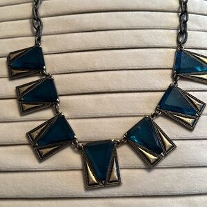 J Crew Windowpane Necklace Statement Gold Tone Blue Glass